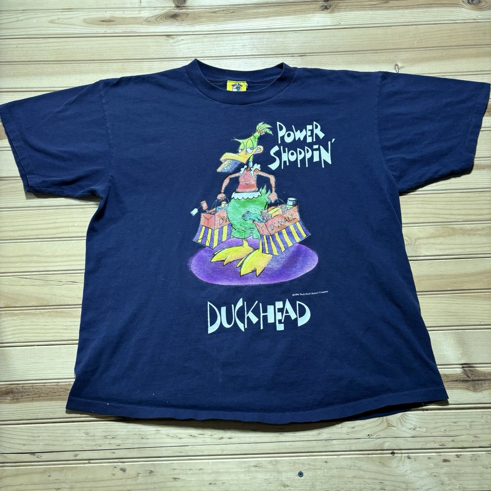 Vintage 90s Duck Head Power Shoppin Funny Comic Cartoon Parody Shirt Size XL USA