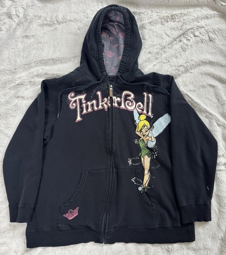 Vintage Y2K Disney TinkerBell Graphic Black Zip Hoodie Youth 14/16 2 Sided Rare