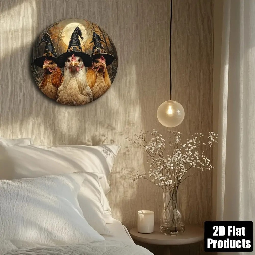 Halloween Witch Theme Rooster Horror Design Round Aluminum Wall Art