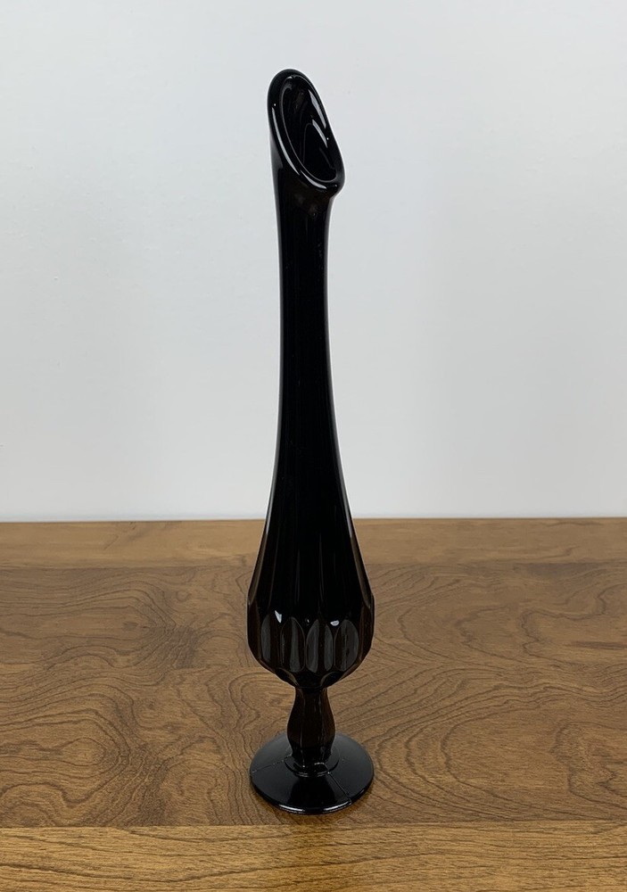 Fenton Swung Vase Black 13” Stretched Glass Art Elongated Neck Vintage MCM