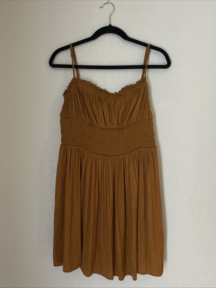 Free People Smocked Slip Dress Sleeveless Satin Women's Large Rust Gold