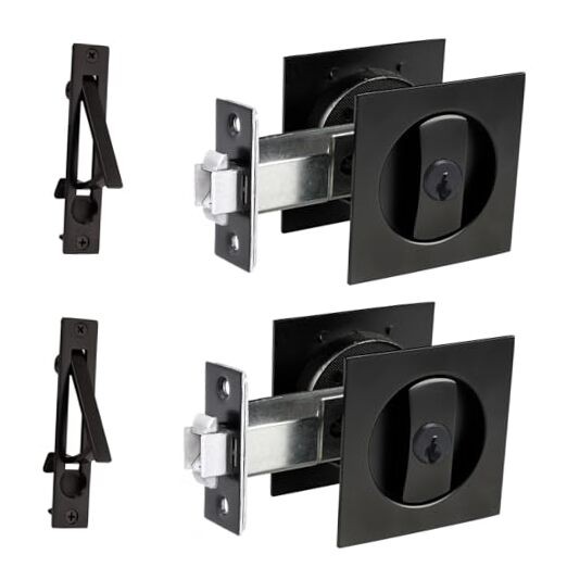 2 Pack Pocket Door Lock with Square - 2 Pack Matte Black Including Edge Pull