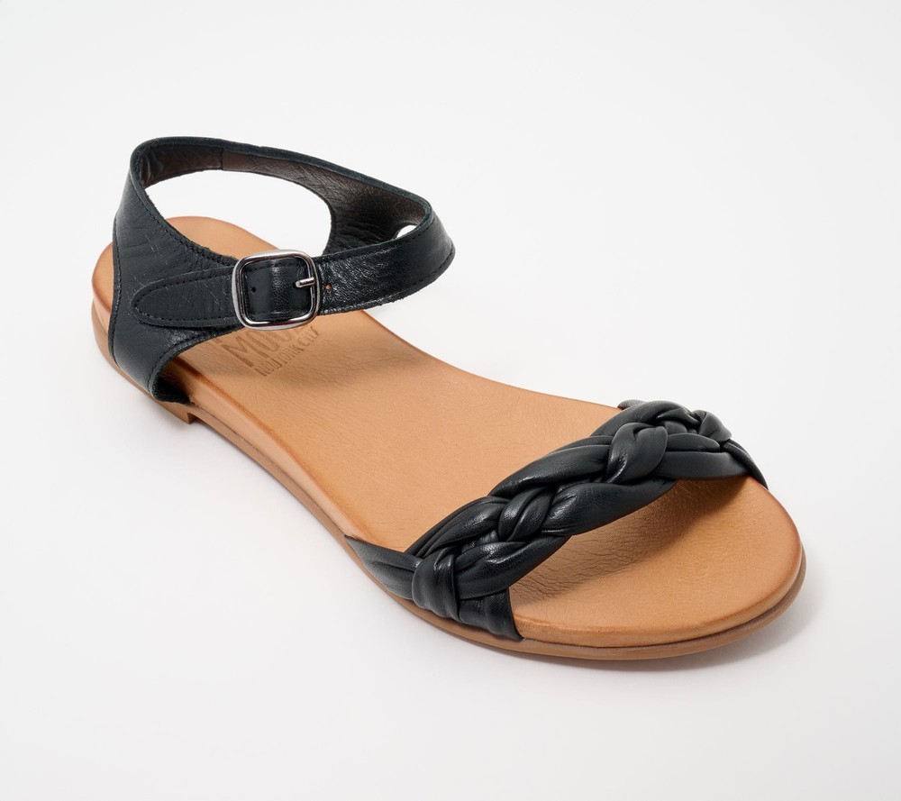 Miz Mooz Women's Sz 9.5 Leather Woven Ankle Strap Sandals Black A687195