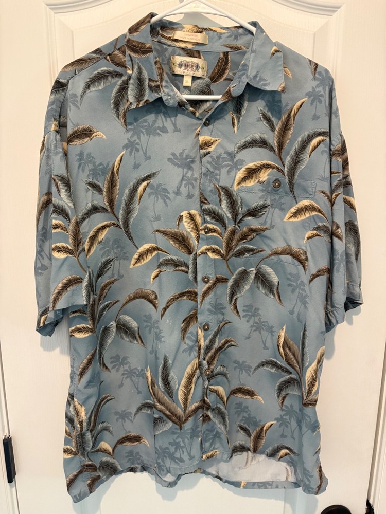 Cooke Street Men's Hawaiian Shirt Silk Palm Print Blue Brown XL