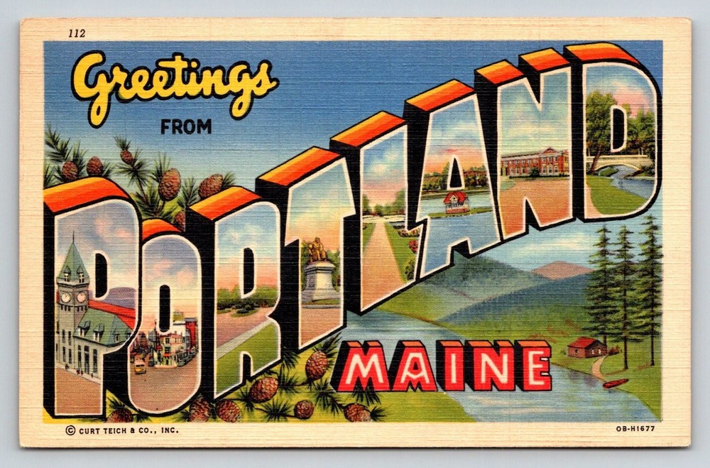 Vintage Large Letter Greetings From Portland Maine Curt Teich Postcard 1940s