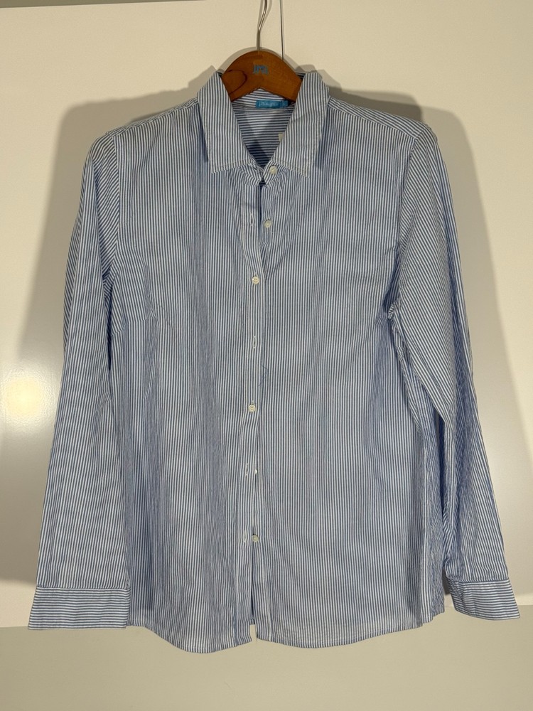 NWT J.McLaughlin Lois Blouse XL Blue White Seersucker Stripe Cotton Orig $178