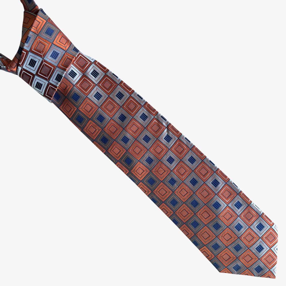 Vintage 90s Van Heusen Orange Blue & Grey Geometric Square Print Silk Tie, Retro