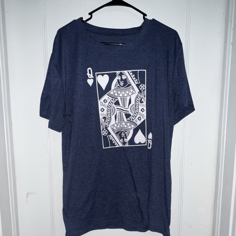 Men's Queen of Hearts Playing Cards Graphic T-Shirt XL Blue Crew Neck Cotton