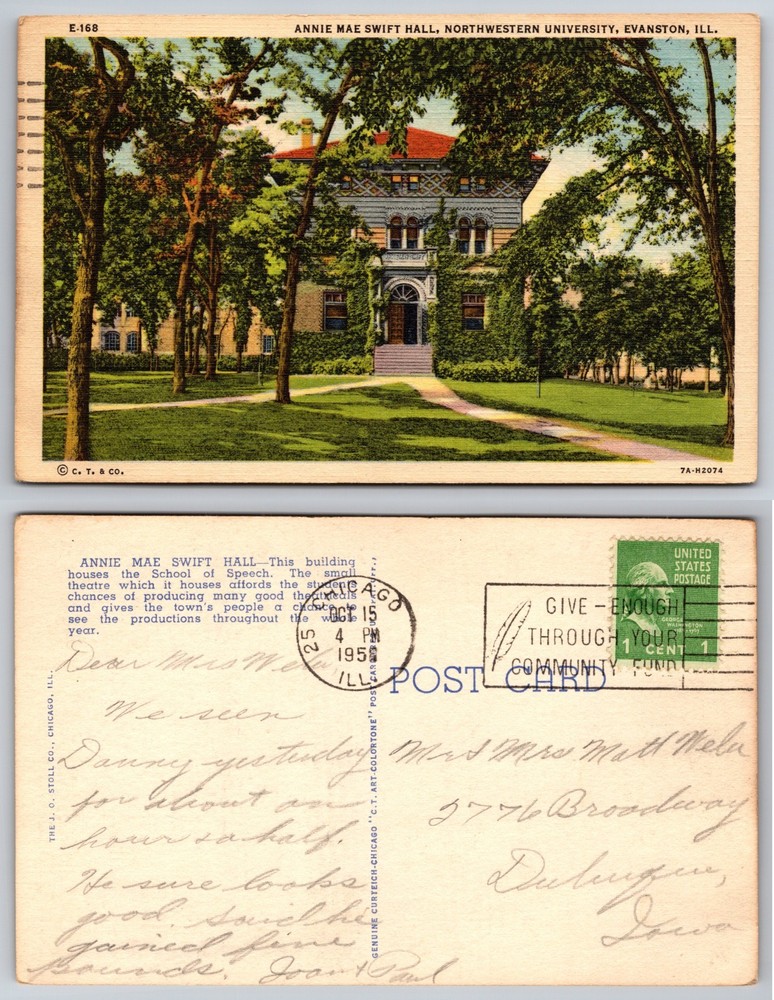 Annie May Swift Hall Northwestern University Evanston Postcard