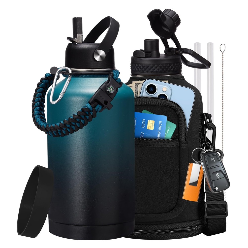 Insulated Water Bottle with Straw - 64oz Stainless Steel Water Bottles with P...