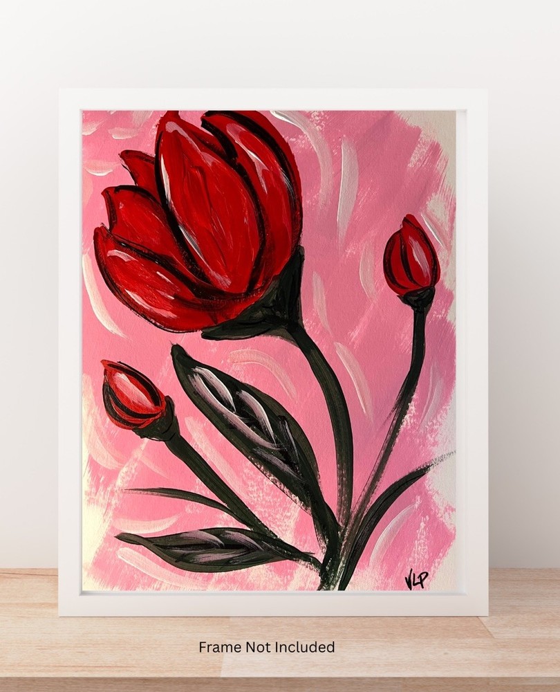 Original 9x12”  Abstract Expressionist Red Flowers Pink Acrylic Paper VLP Art