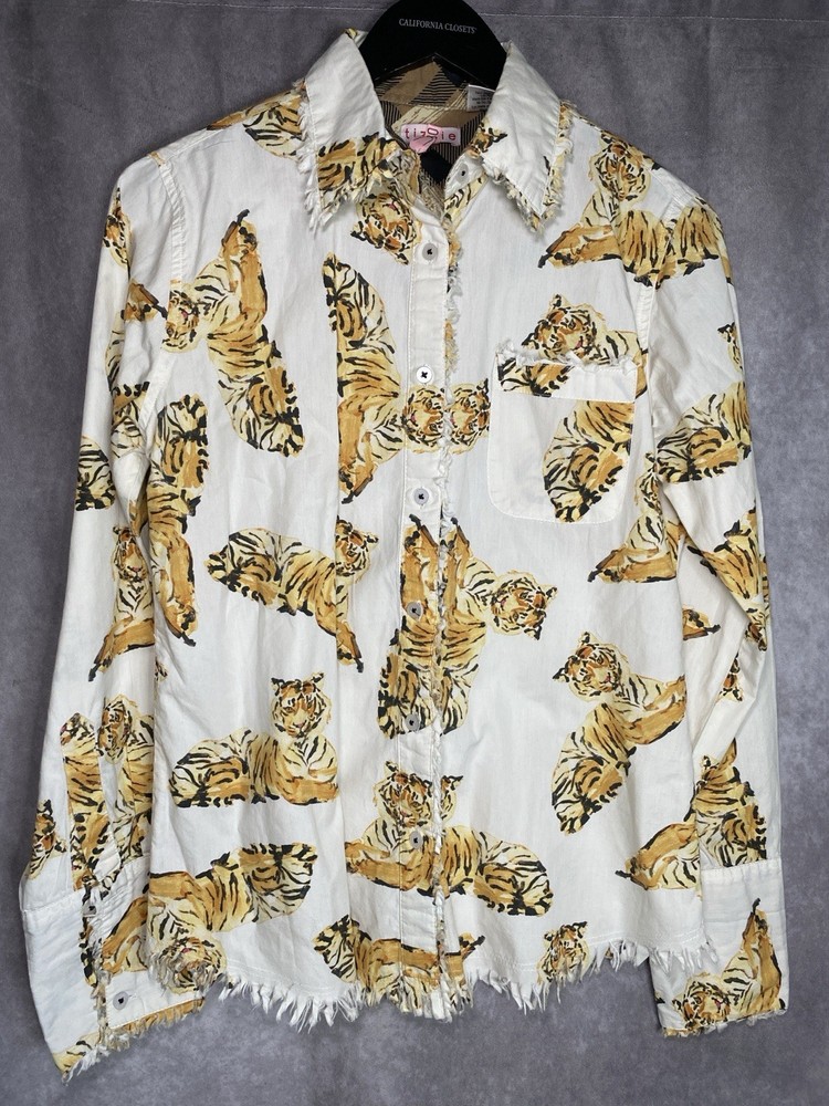 Tizzie Small Top Tiger Animal Print Cotton Button Up Shirt Boutique Blouse