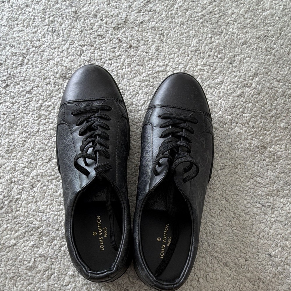 Louis Vuitton Men’s Black Monogram Logo Leather Lace-Up Sneakers US 7.5