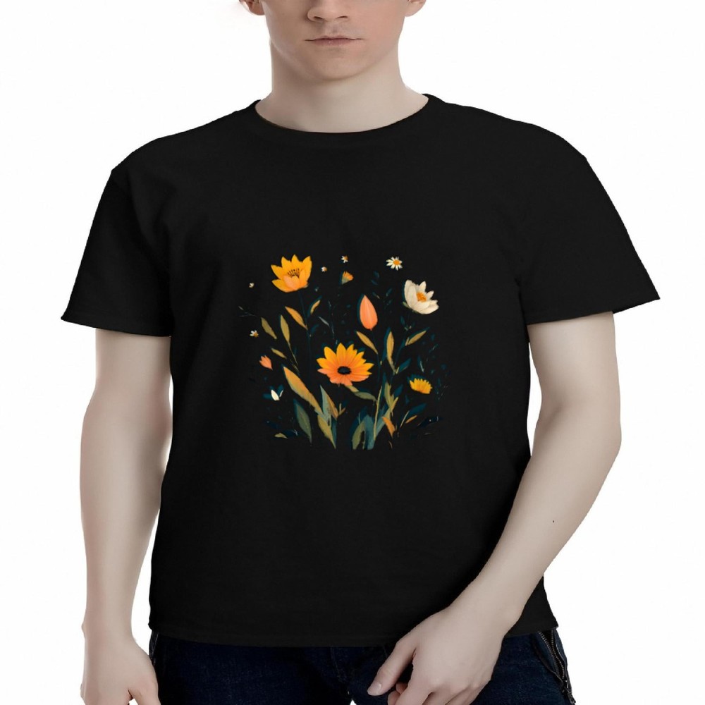 Men's Cotton Short Sleeve T-Shirt Black Tee with Vibrant Floral Design in Orange