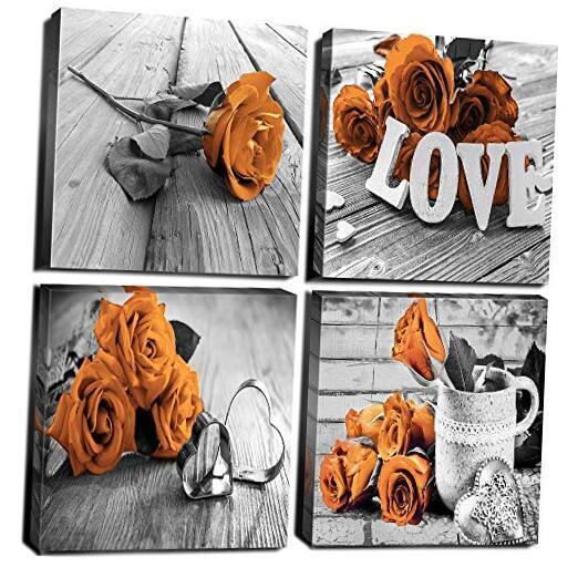 Black and White Bedroom Wall Decor Canvas Prints Art 8x8in Orange Rose