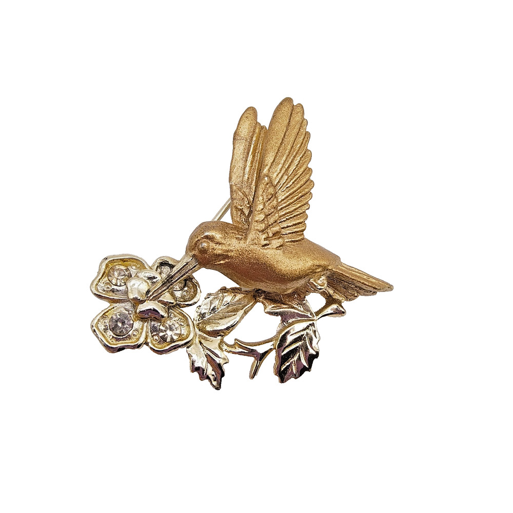 Vintage Hummingbird Brooch Pin Gold Tone Clear Rhinestone Figural Nature 1950s