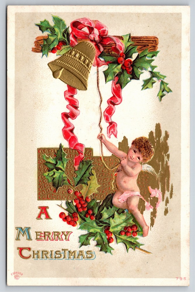 Christmas~Cherub Pulls Gold Bell~Holly Berry~Red Ribbon~Emboss~P Sander~Vtg PC