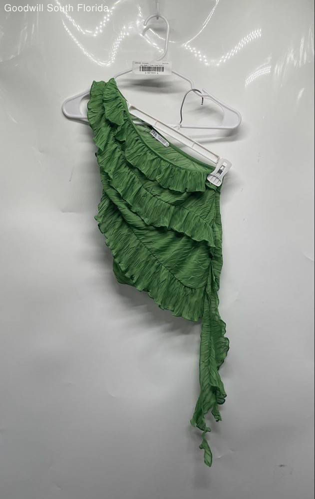 Zara Womens Green Asymmetrical Ruffle Sleeveless One-Shoulder Blouse Top Size S