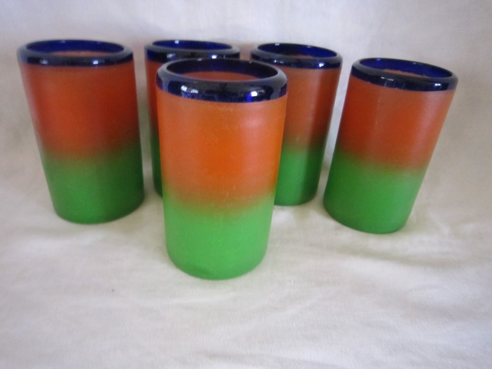 Vintage Mexican Hand Blown Tumbler Green/Blue/Orange Ombre Glass Ware Set of 5