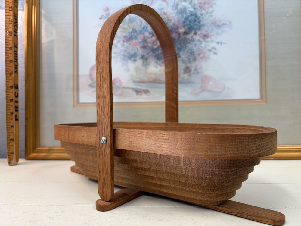Vintage Wooden Oval Bread Basket with Handle Natural Wood Grain