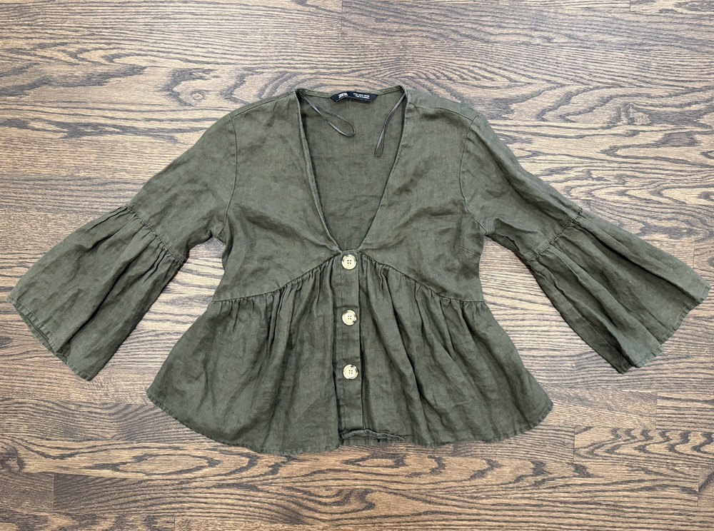 Zara Linen Top Women’s Small Green Button Front Babydoll Ruffle Bell Sleeve Boho