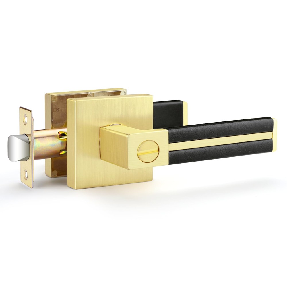 Gold Door Handle 1 Pcs, Privacy Door Levers with Black Leather Handle, Brass ...