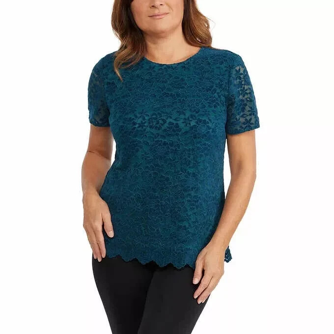 Teddi Rose Womens Blue Crewneck Short Sleeve Blouse Size S