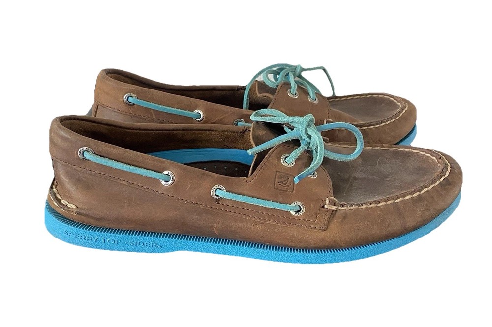 Sperry Top-Sider Men’s Boat Shoes 10.5M Brown Leather Lace Up Blue Sole