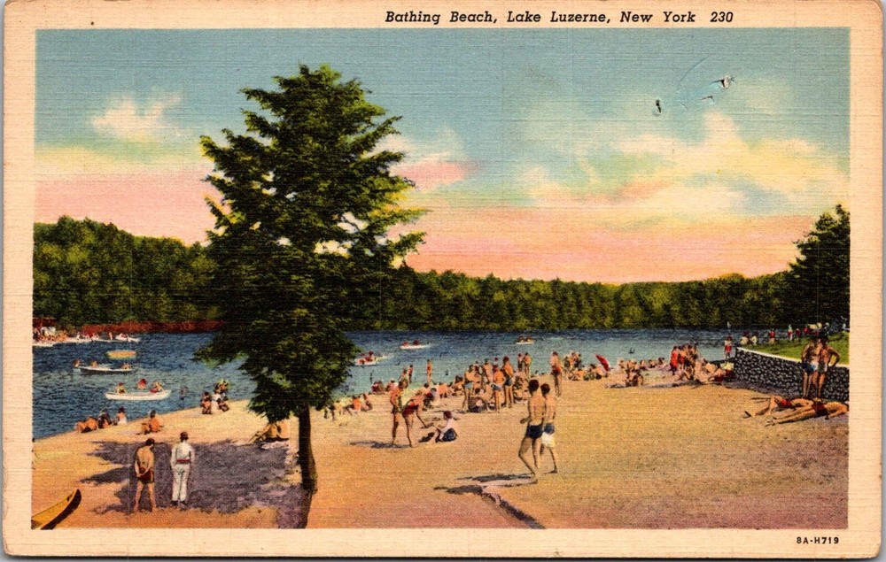 View of Bathing Beach, Lake Luzerne NY c1943 Vintage Postcard X75