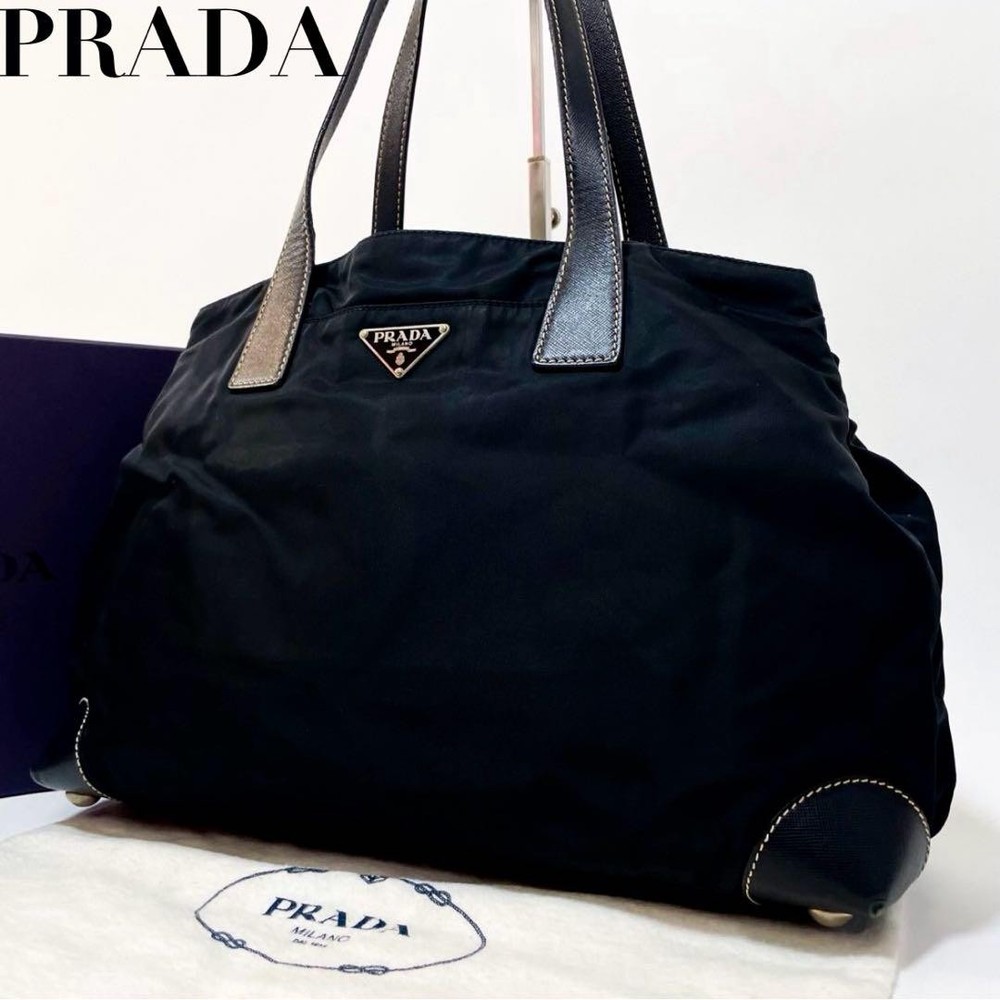Prada Black Nylon Leather Tote Bag with Triangle Logo Fits A4 Size