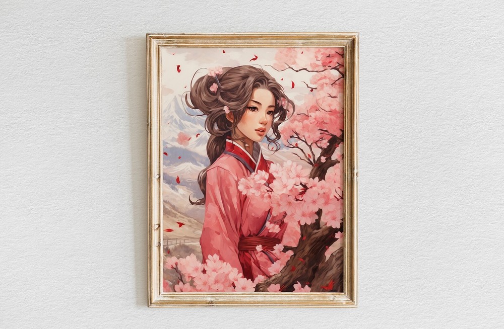 Blossoming Joy Sakura Girl With Delightful Blossoms Cartoon Character Wall Art