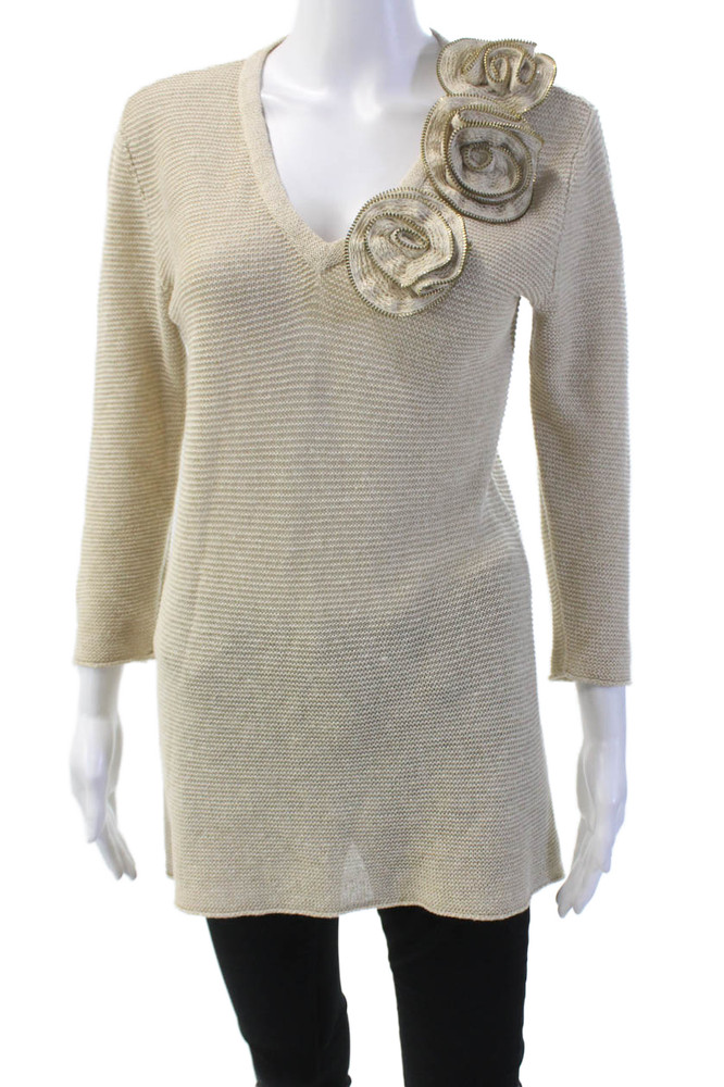 Magaschoni Womens Linen Long Sleeve V-neck Knit Floral Top Nude Size SFree Shipping in US $100+ Orders | $6.95 Orders Below