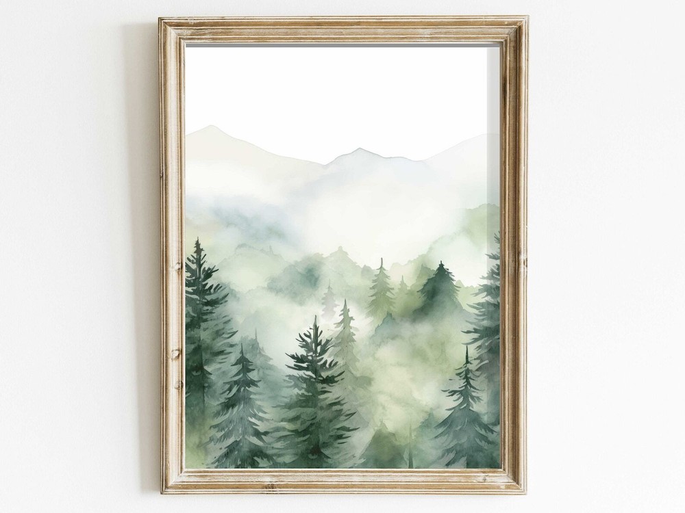 Forest Wall Art Watercolor Forest Landscape Nature Decor Misty Forest Mountain