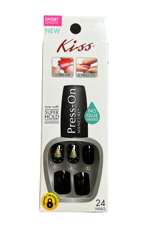 Kiss Press On Nails Shiny Black / Gold Pitch Perfect Christmas Tree Accent Short-image