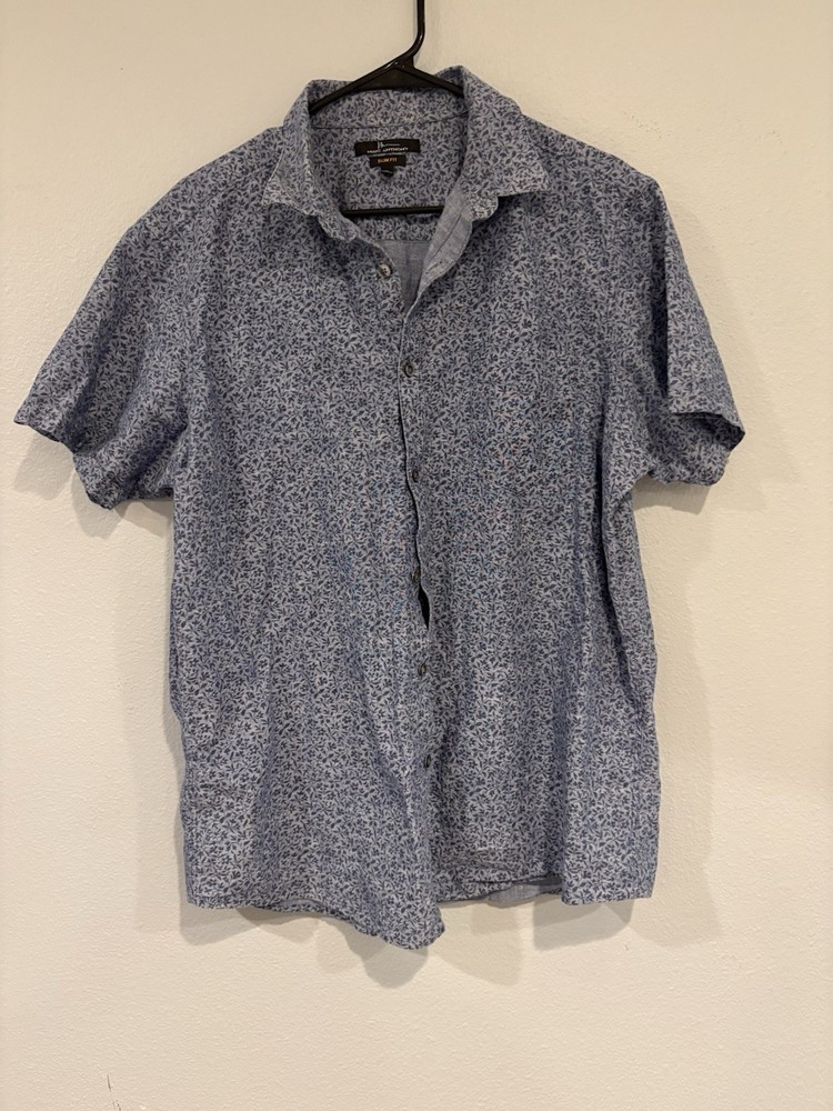 Marc Anthony Men's XL Blue Geometric Short Sleeve Slim Fit Button-Up Shirt