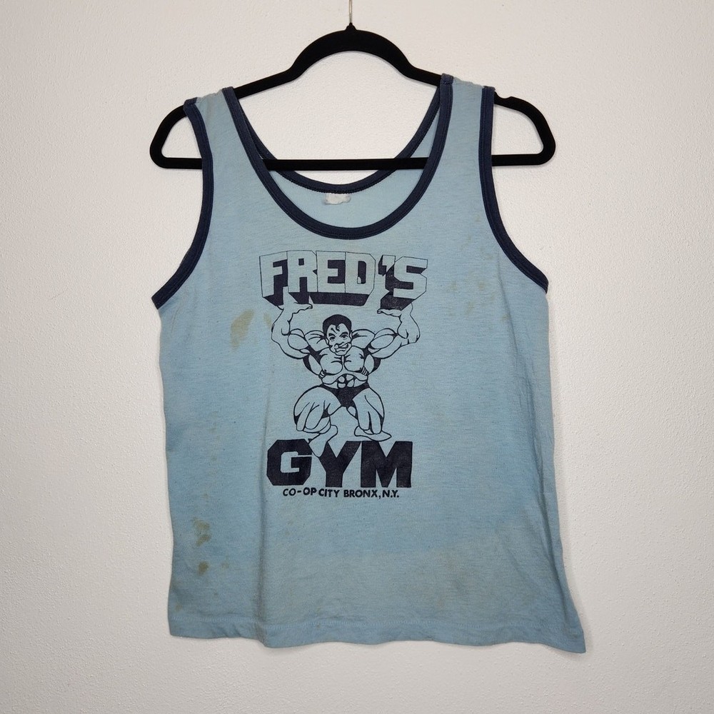 Vintage 60s 70s Freds Gym Tank Top Co Op City Bronx NY Bodybuilding Workout