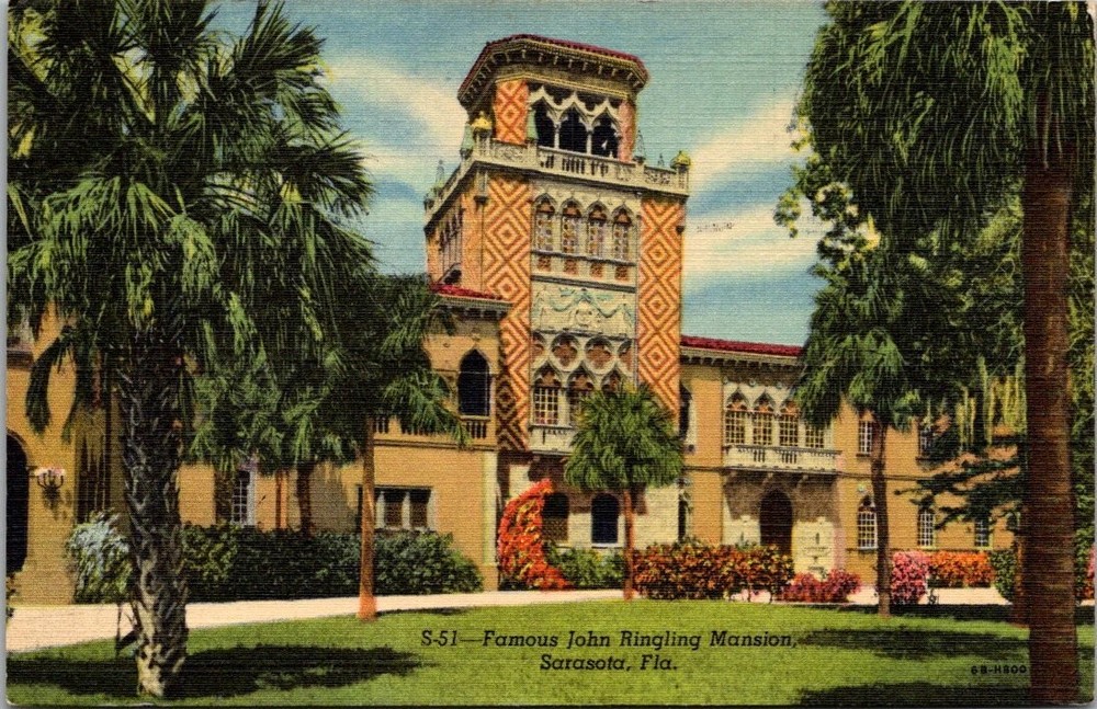 Vintage John Ringling Mansion Ca' d'Zan Sarasota Florida Linen Postcard 1940s