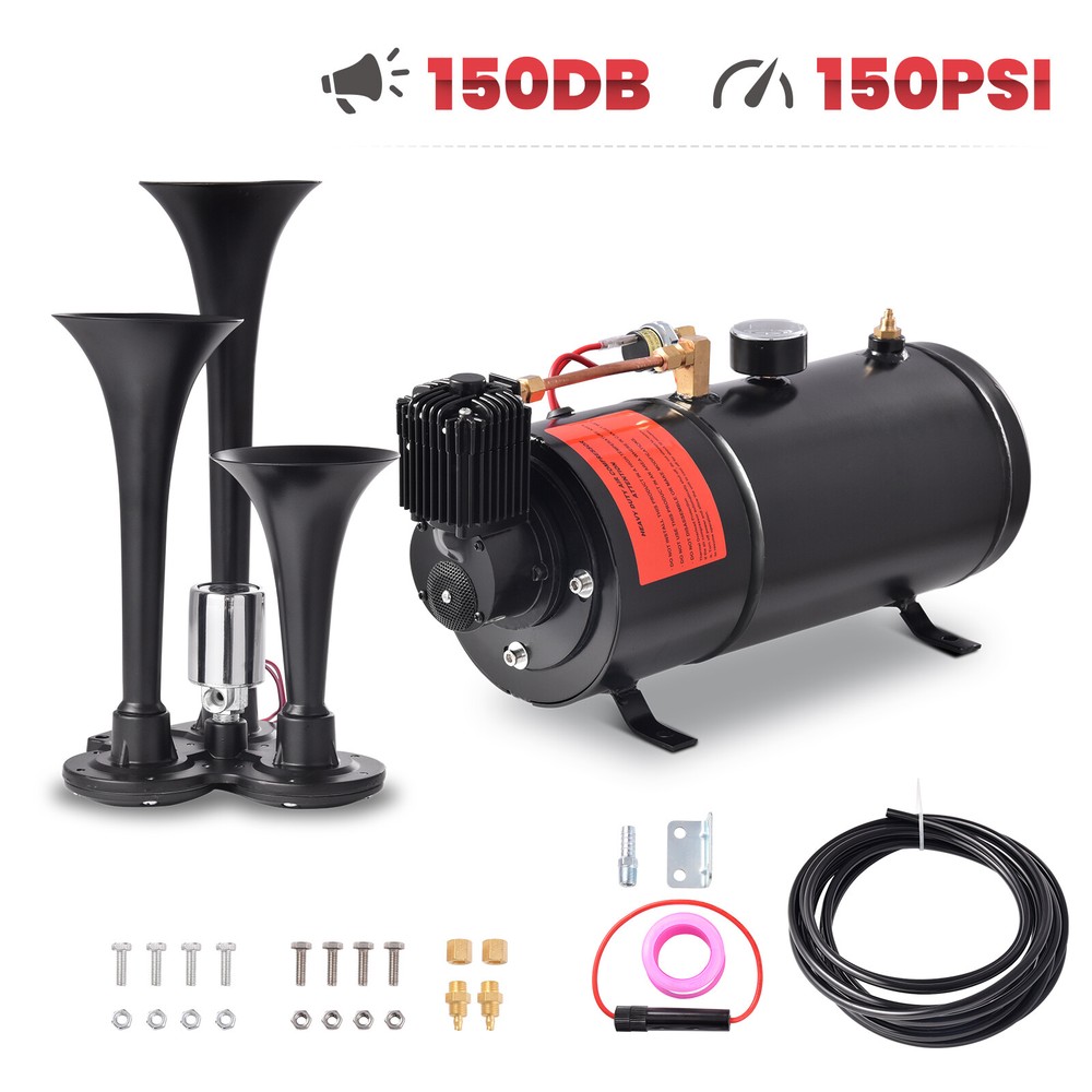 Train Horns Kit 4 Trumpet Air Horn Kit 150 psi Air Compressor 1 Gal/3.7 L Tank-