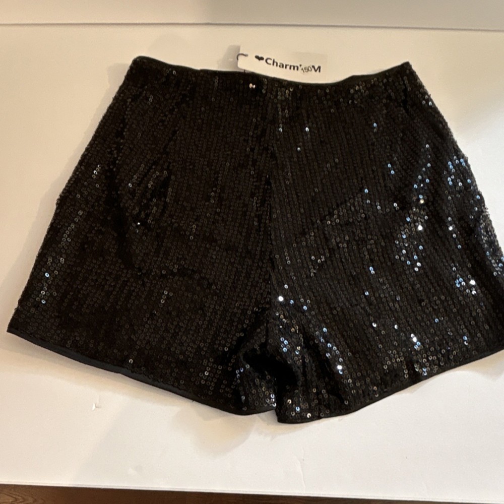Black Sequin Shorts youth  Medium Elastic Waist Sparkly Club Dance Festival Vibe
