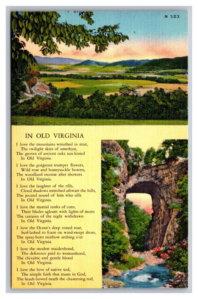 In Old Virginia Poem Multi View Natural Bridge Mountains N503 Linen Postcard