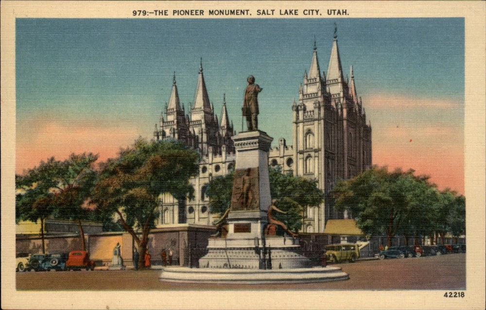 Pioneer Monument Salt Lake City Utah vintage cars ~ 1930s linen postcard