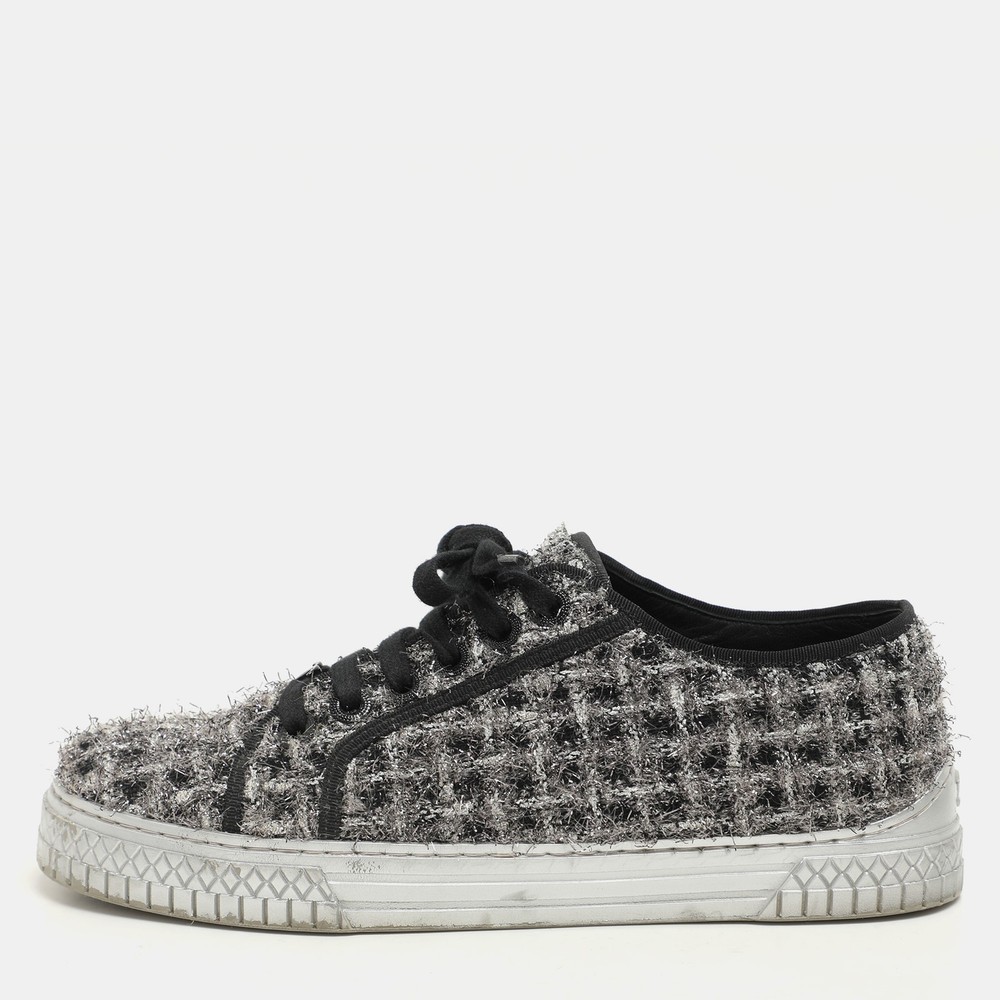 Chanel Silver Black Lurex CC Low Top Sneakers Size 37
