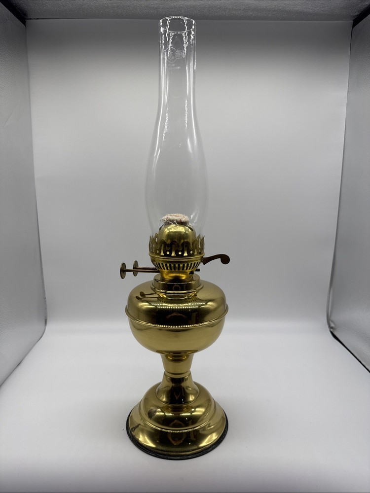 Brass & Glass Oil Lamp With Clear Chimney Made In England Vintage Double Wick