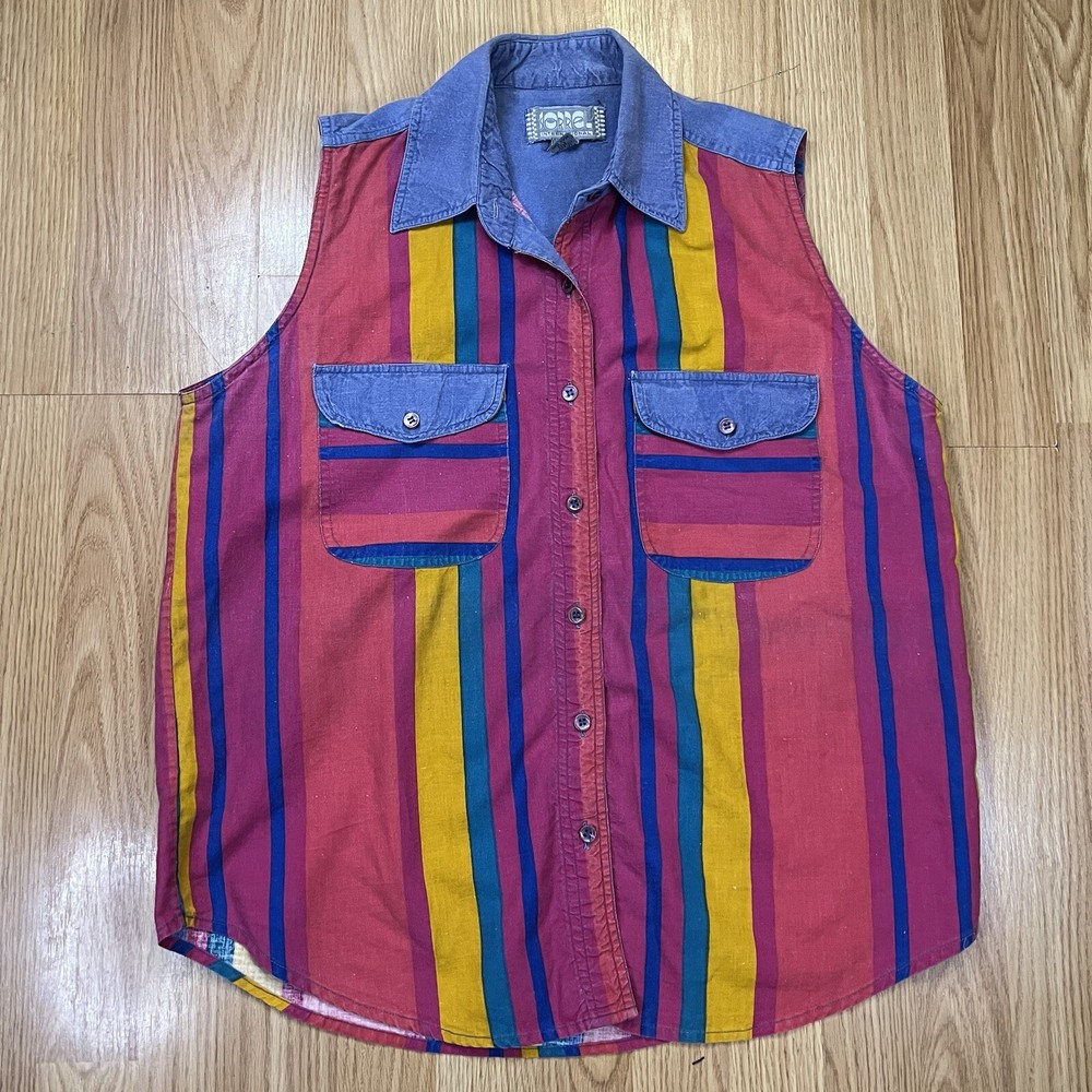 Sorrel International 90's Denim Blouse Vest Button Front Striped Retro Women’s M