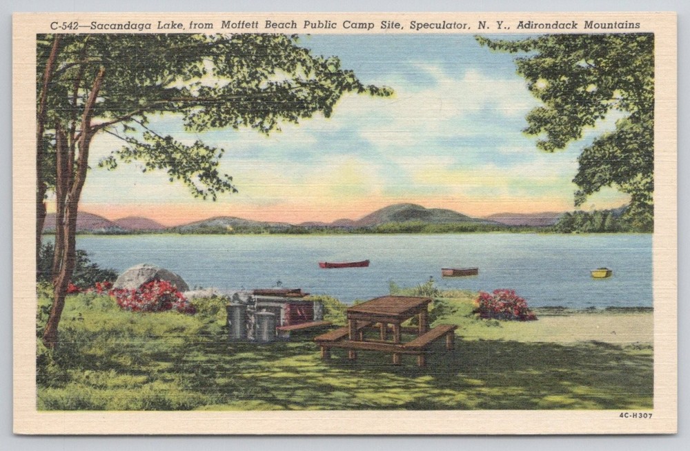 Sacandaga Lake Adirondacks Speculator NY Moffett Beach Linen Postcard 1940s