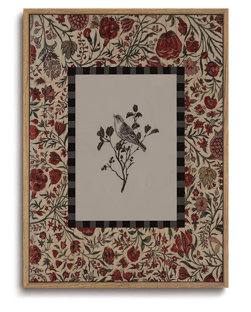 Vintage Bird & Floral Botanical Wall Art - Framed Cottagecore Canvas Print 12x16