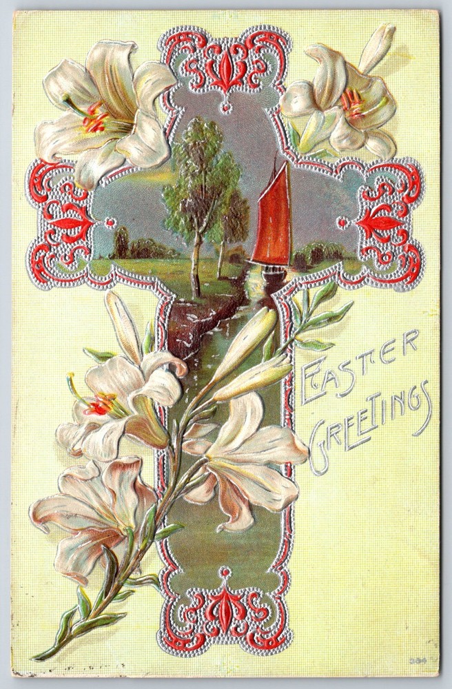 Holiday~Easter Greetings~Lily Flowers & Sailboat In Cross Frame~PM 1910~Postcard