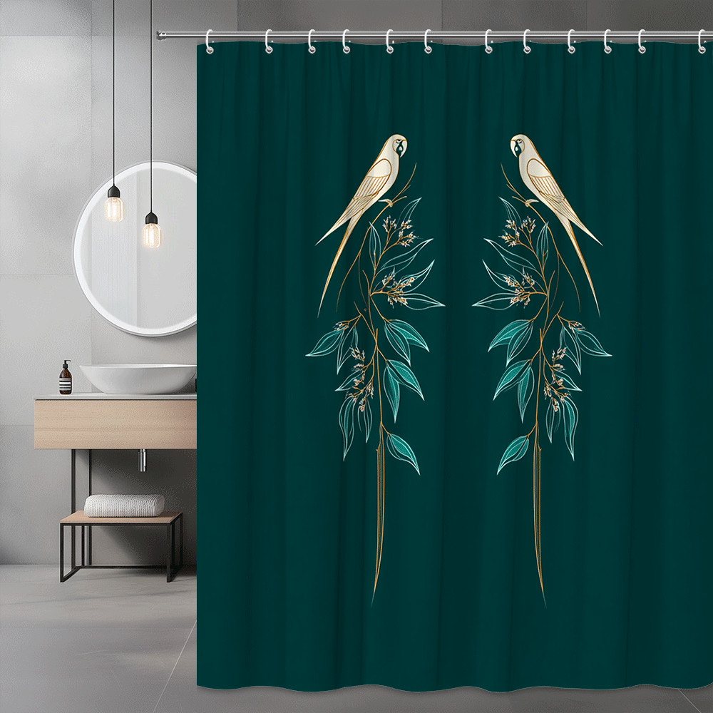 Bird and Leaf Print Shower Curtain, Dark Green Decor