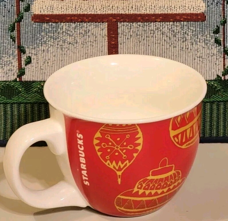 2015 Starbucks Red White with Gold Ornaments 14oz Christmas Coffee Mug Cup