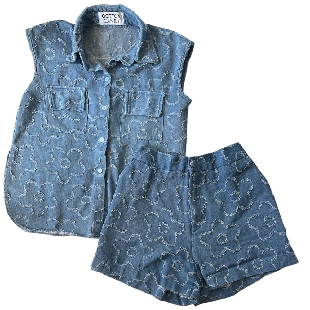 Cotton Candy Women’s S Blue Denim Floral 2pc Set Sleeveless Button-Up + Shorts
